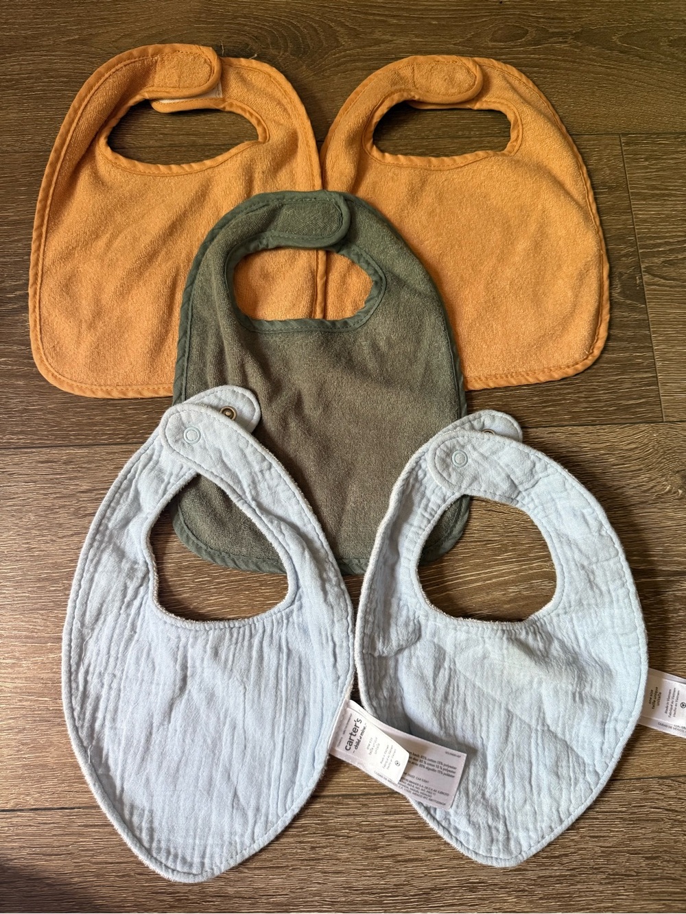 Soft Terry & Muslin Baby Bib Set in Orange, Olive, and Light Gray